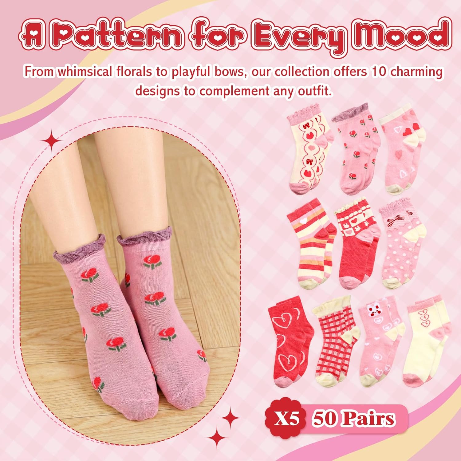 50 Pairs of Kids Girls Crew Socks Bulk, Cute Heart Pattern Ruffle Crew Socks for Kids Girls School 6-8 Years