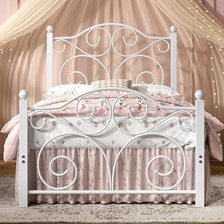VECELO Twin Size Bed Frame with Headboard and Footboard, Heavy Duty Metal Slat Support, Platform Mattress Foundation, No Box Spring Needed, Easy Assembly, White