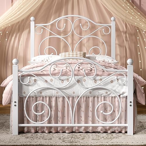 VECELO Twin Size Bed Frame with Headboard and Footboard, Heavy Duty Metal Slat Support, Platform Mattress Foundation, No Box Spring Needed, Easy Assembly, White