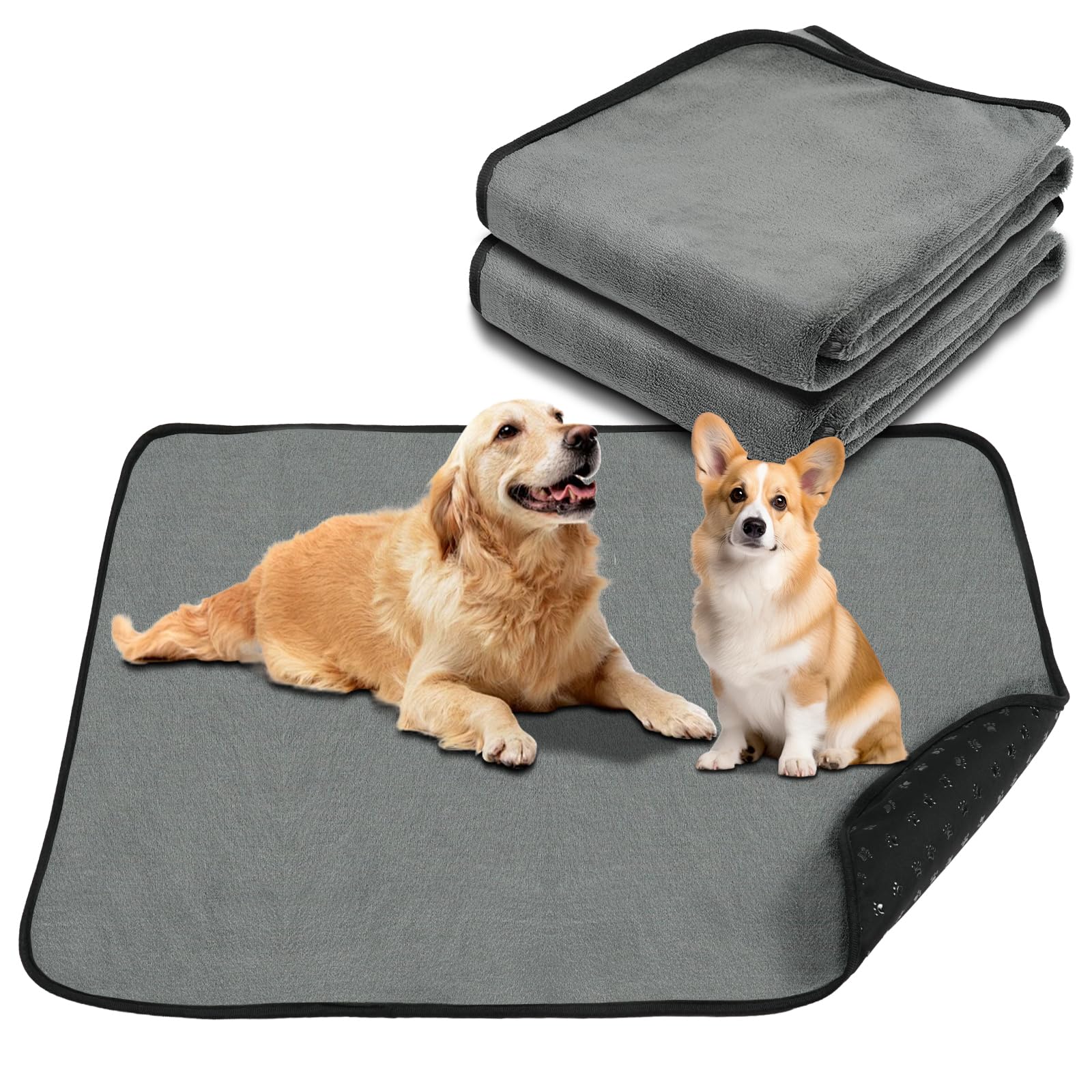 Adiwo 2-Pack Non-Slip Reusable Pee Pad, 100x70cm Washable Dog Puppy Pads with Paw Pattern, Super Absorbent, Leak-Proof, Soft and Easy to Air Dry, for Floor Car Sofa Playpen Mat