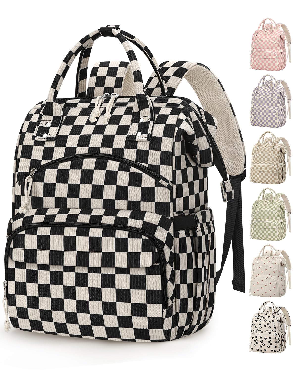 Corduroy Diaper Backpack for Mom,Travel Baby Diaper Bag for Grirls&Boys, Checkered Black, M, Diaper Bag Backpack