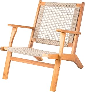 Patio Sense Vega Outdoor Reclining Armchair - Acacia Wood Frame, Handwoven Ecru Cording Seat, Mid-Century Patio Chair