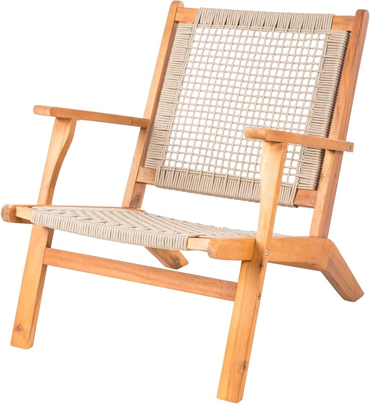 62773 Vega Silla de exterior con tinte natural Construcción en madera de acacia Asiento tejido a mano Diseño de mediados de siglo Cómodo sillón reclinable Patio Césped Jardín Terraza en el patio trasero - Cordones color crudo