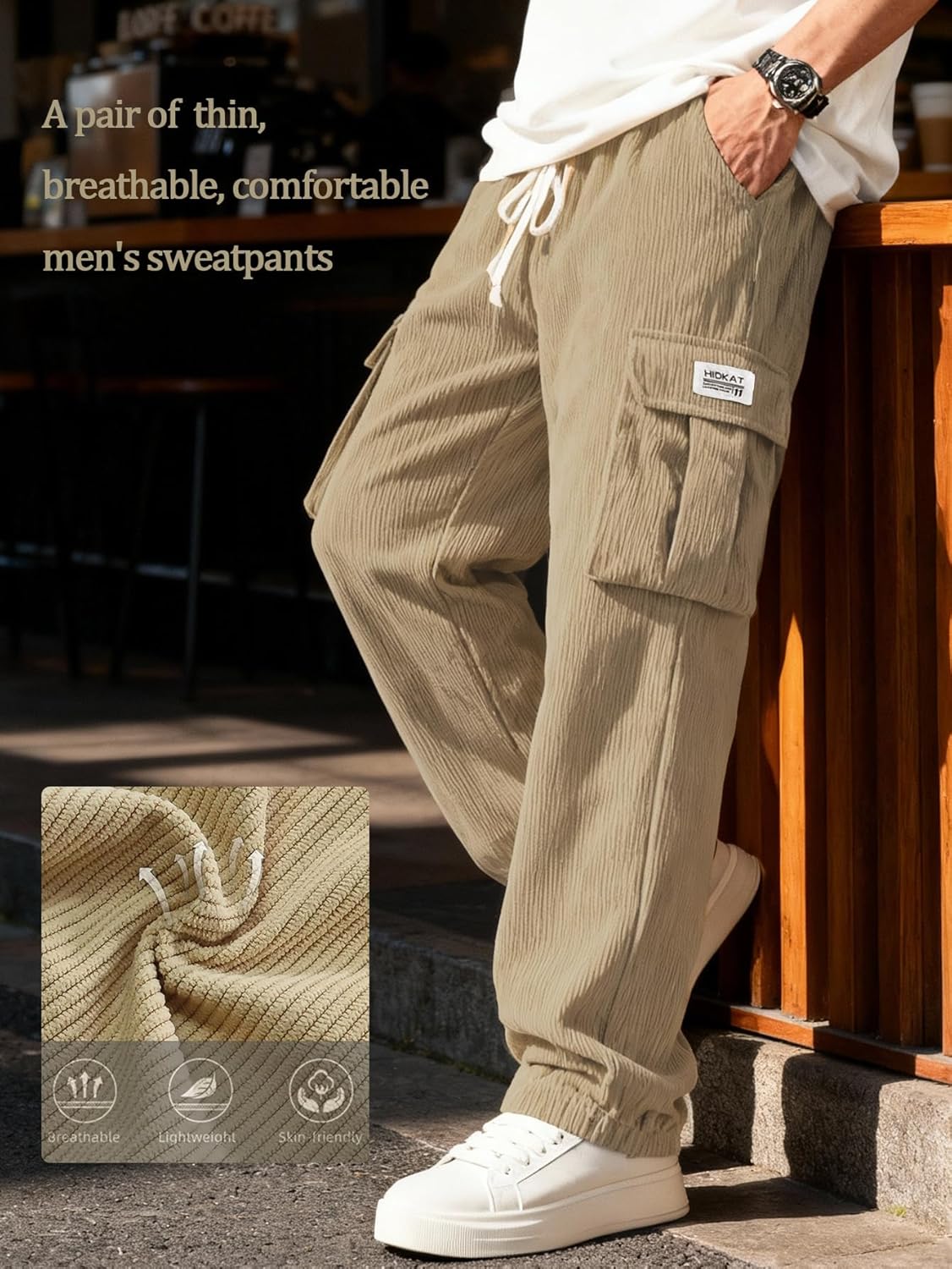 Men's Corduroy Cargo Pants - Comfortable Casual Trousers Elastic Drawstring Waist for Everyday wear and Outdoor - Image 3