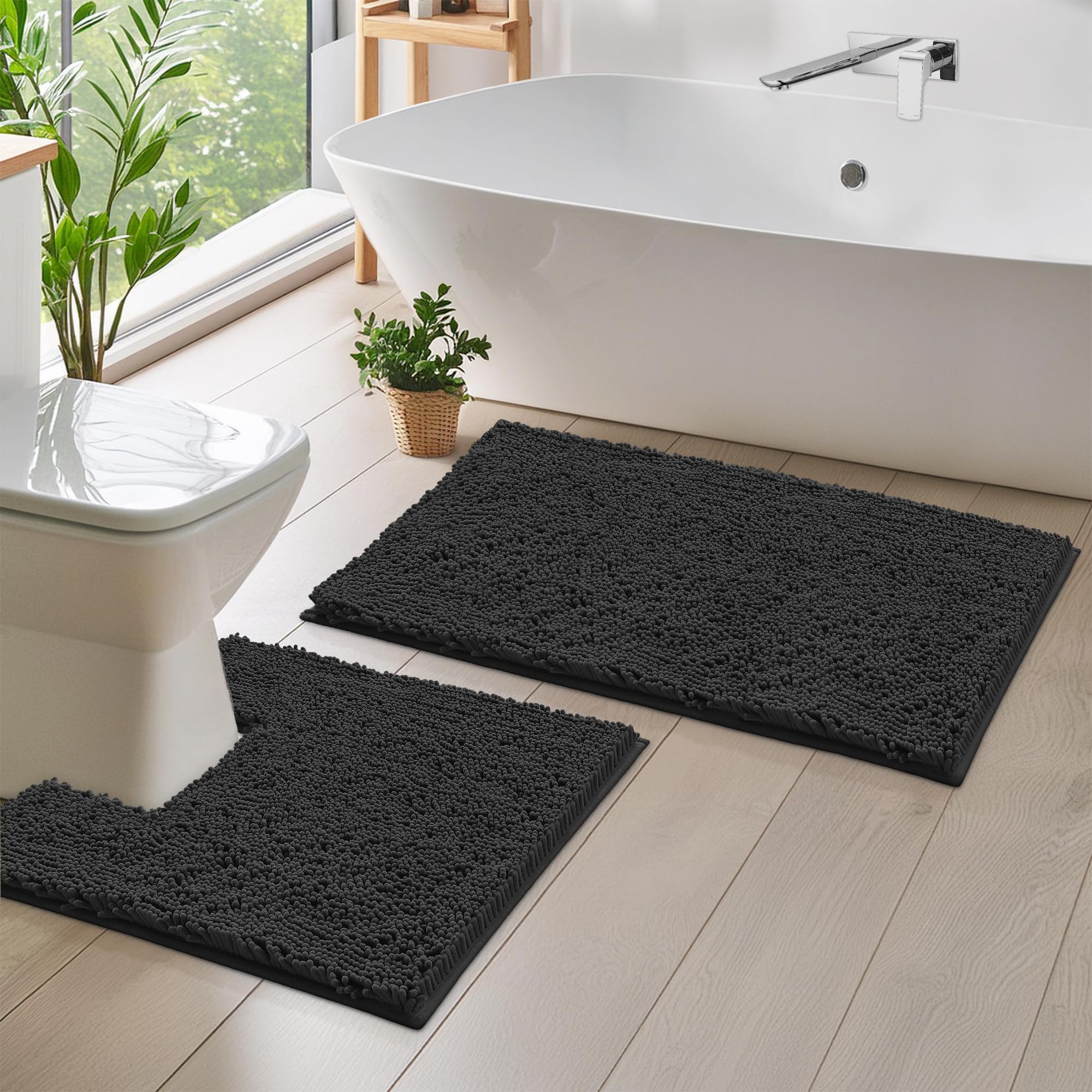 Luxurious Black 2-Piece Bath Mat Set: Plush Chenille Rugs, Anti-Slip Design, U-Shaped Toilet Mat, 1” Microfiber Shaggy Carpet for Superior Absorbency - Square Curved Set (20”x 30” + 20”x20” U, Black) — image 1