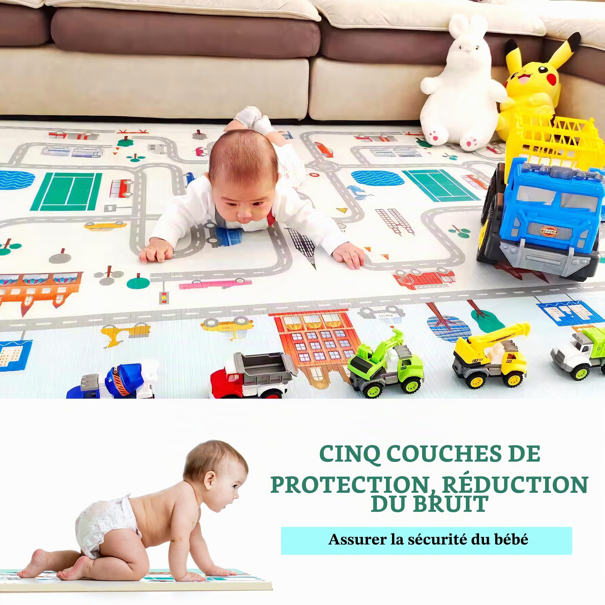 Grand tapis de jeu en mousse pour enfants, tout-petits, nourrissons, ultra épais, pliable, antidérapant, 79.8 cm x 200 cm, Trafic.