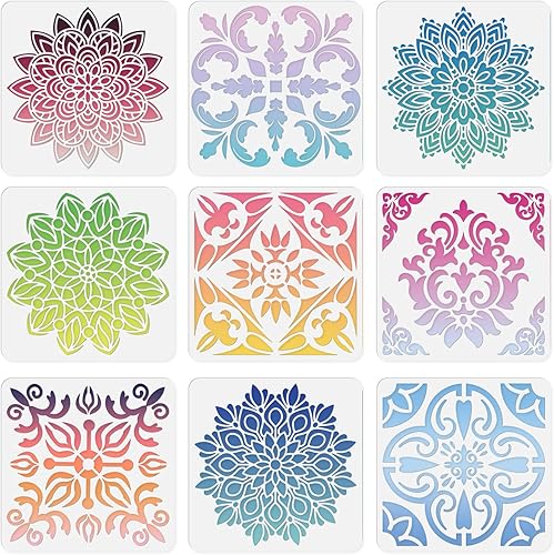 Miniatura 7 de Plantillas de pared de mandala para pintar paredes reutilizables de azulejos, plantillas de piso de concreto de 12 x 12 pulgadas para pintar patio,