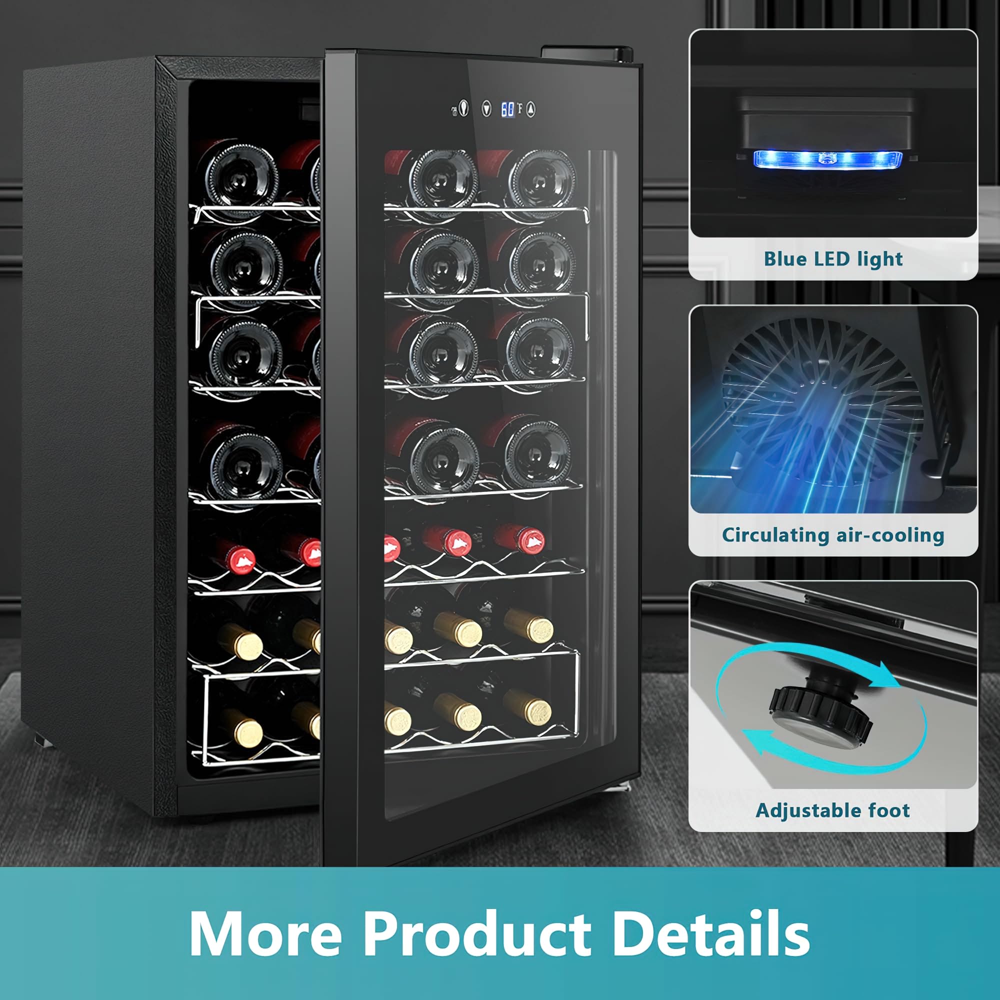 Refrigerador de vino de 45 botellas, pequeño refrigerador de vino integrado para rojo, blanco y champán, mini refrigerador de 4.5 pies cúbicos con temperatura ajustable, negro 6