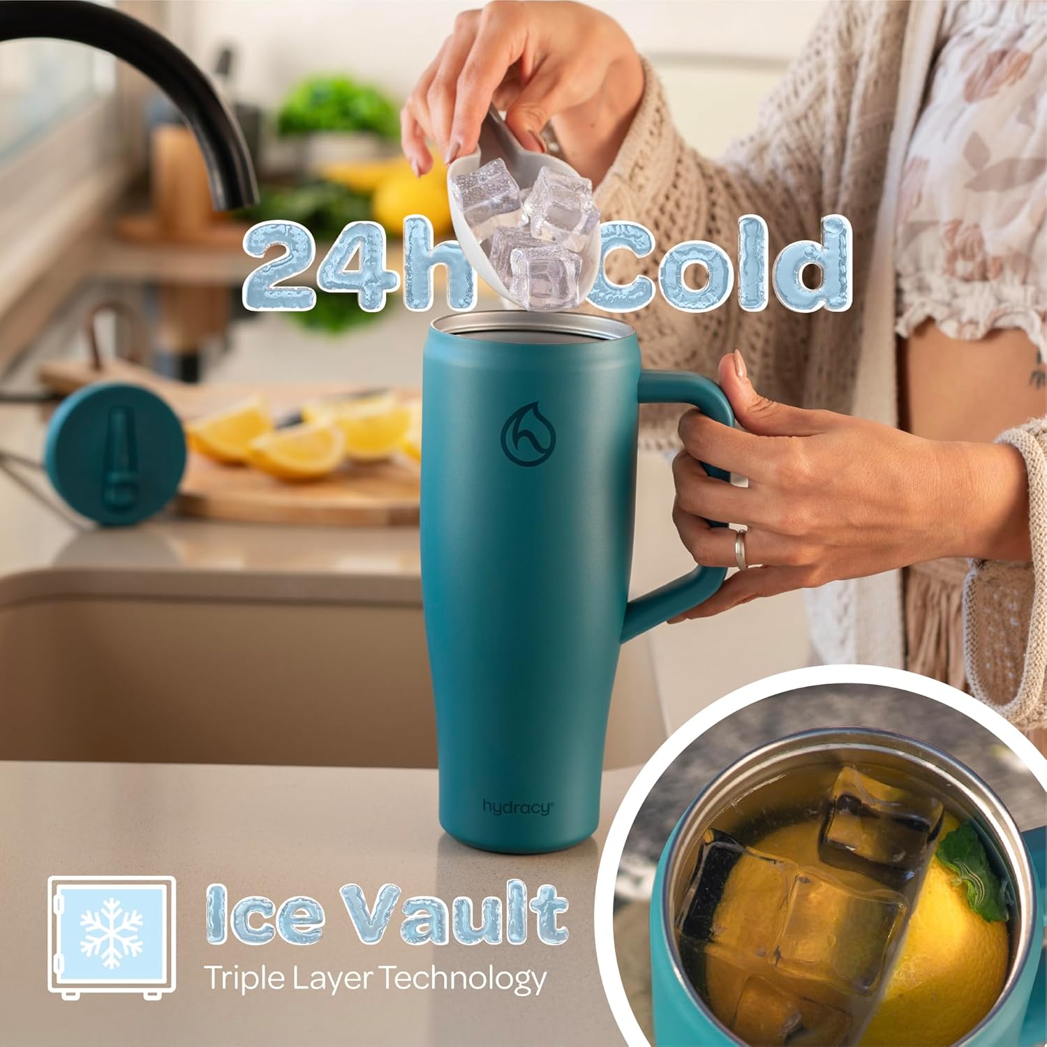 Hydracy Soulmate Insulated Tumblers with Handle and Stainless Steel Straw - 100% Leakproof Reusable Insulated Cup - Cupholder Friendly Rubber Base Travel Mug - Twilight Teal - Image 2