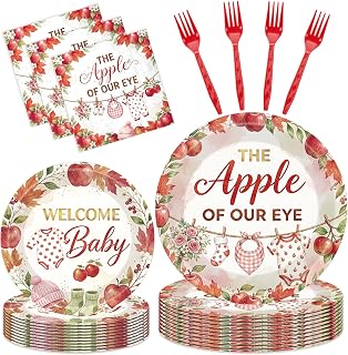 Apple Baby Shower Decorations - 96 Pcs Paper Plates Napkins Forks | Apples of Our My Eye Disposable Tableware Set, Fall Autumn Fruit Table Supplies Decor Bulk for Gender Reveal Serve 24 Guests