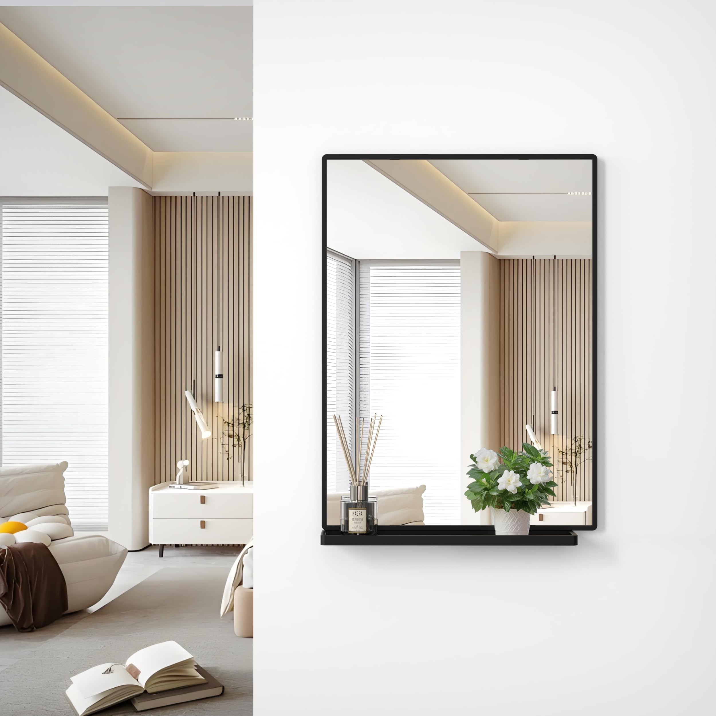 ANYHI Black Bathroom Wall Mirror with Shelf, Rectangular Metal Wall Mounted Mirror, 30"x22" Decorative Mirror for Living Room, Bedroom, Entryway, Vertical/Horizontal