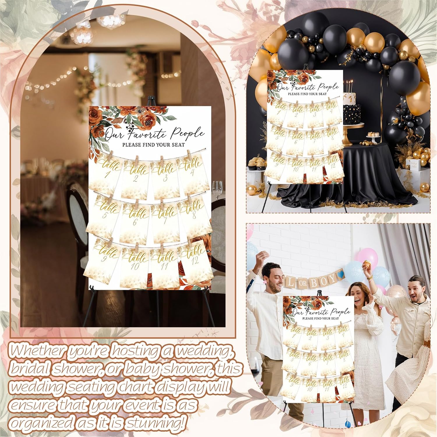 Pinkunn Terracotta Floral Wedding Seating Chart with Easel Display Stand 15.8 x 23.6 Inch Rose Wooden Rustic Seating Chart Board Please Find Your Seat Sign for Baby & Bride Shower Wedding Sign Decor image 4