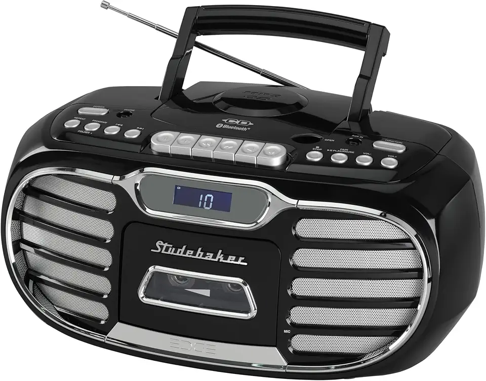 Boombox Bluetooth com som grande retrô Edge com CD/gravador de cassete/rádio estéreo AM-FM (preto/SB2150B)