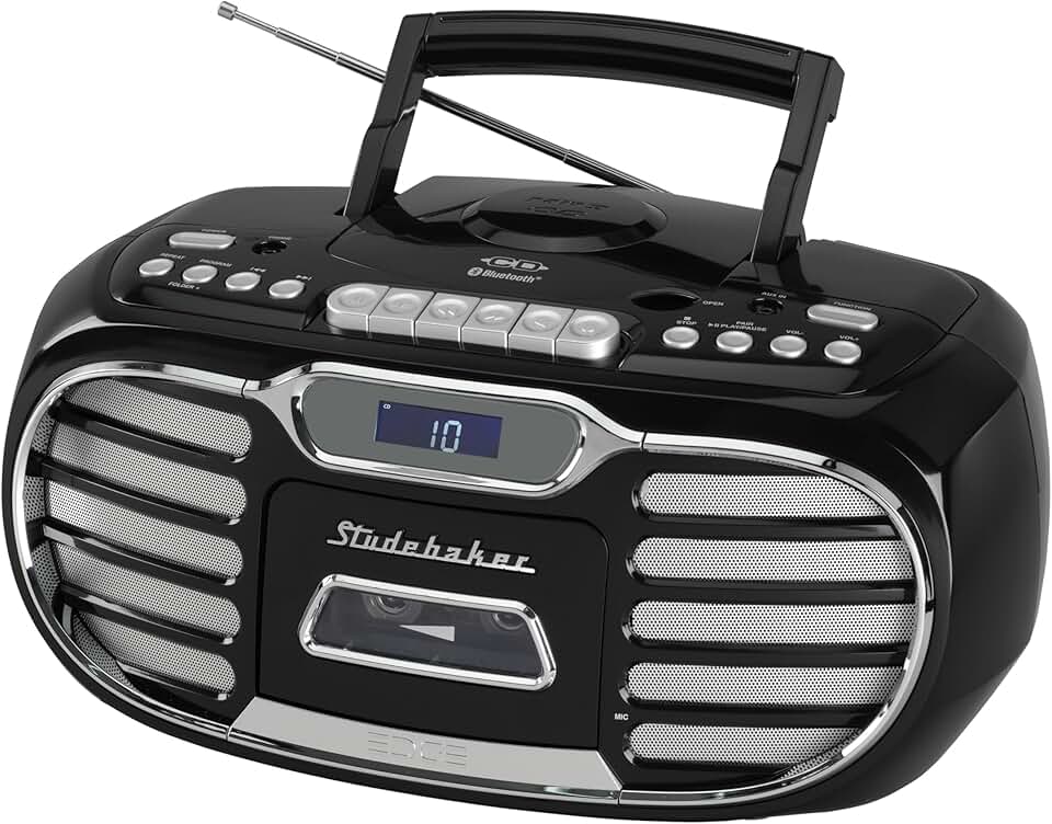 Boombox Bluetooth com som grande retrô Edge com CD/gravador de cassete/rádio estéreo AM-FM (preto/SB2150B)