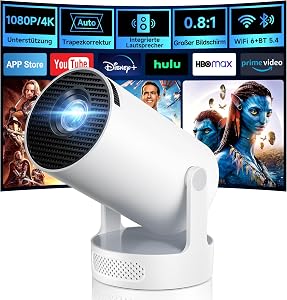 Mini Beamer, Philoent Smart Projektor 4K/1080P Unterstützt Neueste Apps WiFi 6 Bluetooth 5.4 Auto Screen Trapezkorrektur Niedriges Rauschen, Ultrakurzdistanzbeamer bietet großes Bild im kleinen Raum