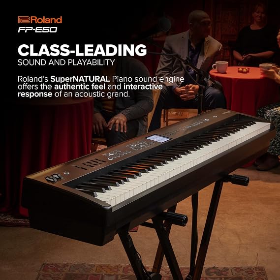 Roland FP-E50 Digital Piano & RockJam KB100 Adjustable Padded Keyboard Bench, X-Style, Black