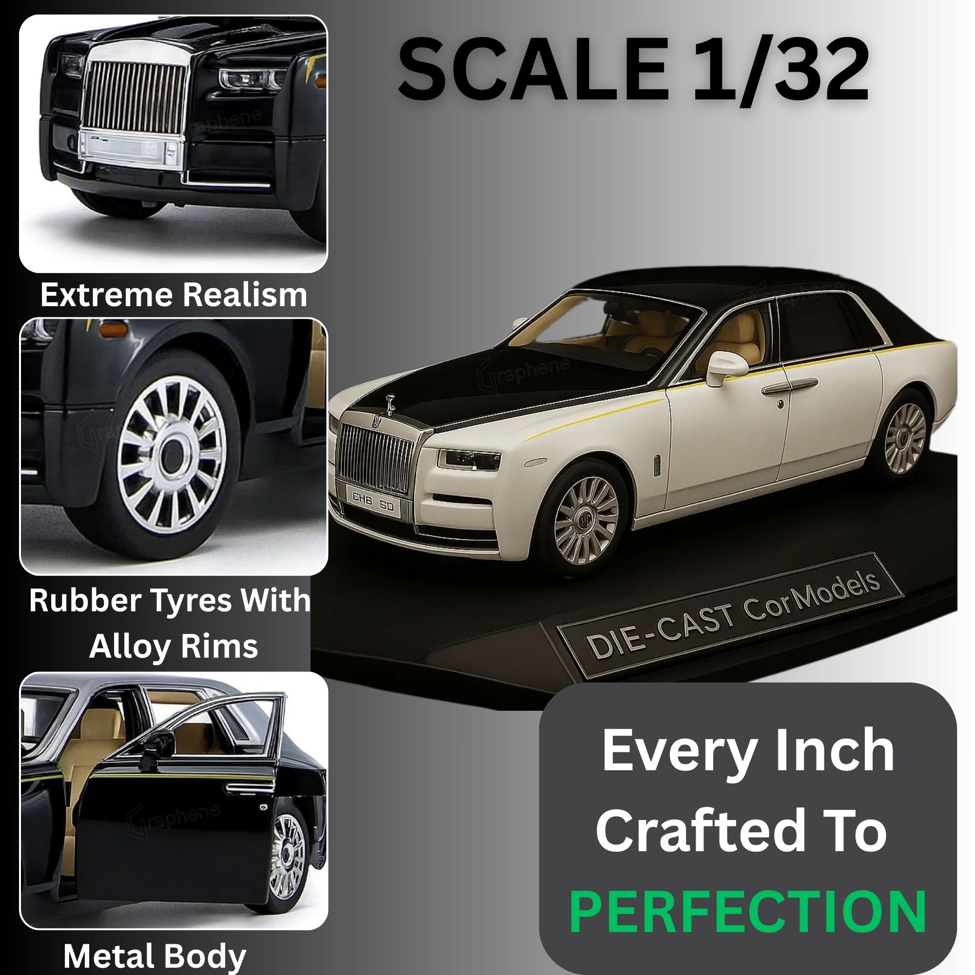 GRAPHENE 1:32 Scale Rolls Royac Phantom Car Pull Back Action Vehicles Diecast Exclusive Zinc Alloy Metal Toy Model Car with Openable Door and Sound Light Gifts Toys for Kids Toddlers 1