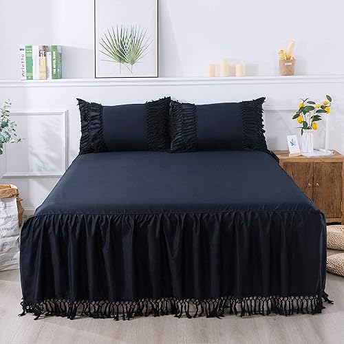 Softta Falda de cama vintage de 3 piezas, color negro, tamaño King, con borlas, estilo bohemio, para niñas, 100% algodón, color negro sólido