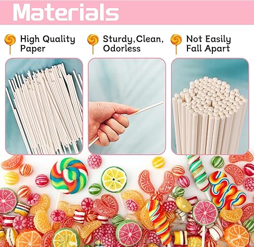 Vista 10 de 500 palitos de piruleta blancos de 4 pulgadas, palitos de papel para decoración de pasteles, postres, chocolate, galletas, dulces (0.118 in)