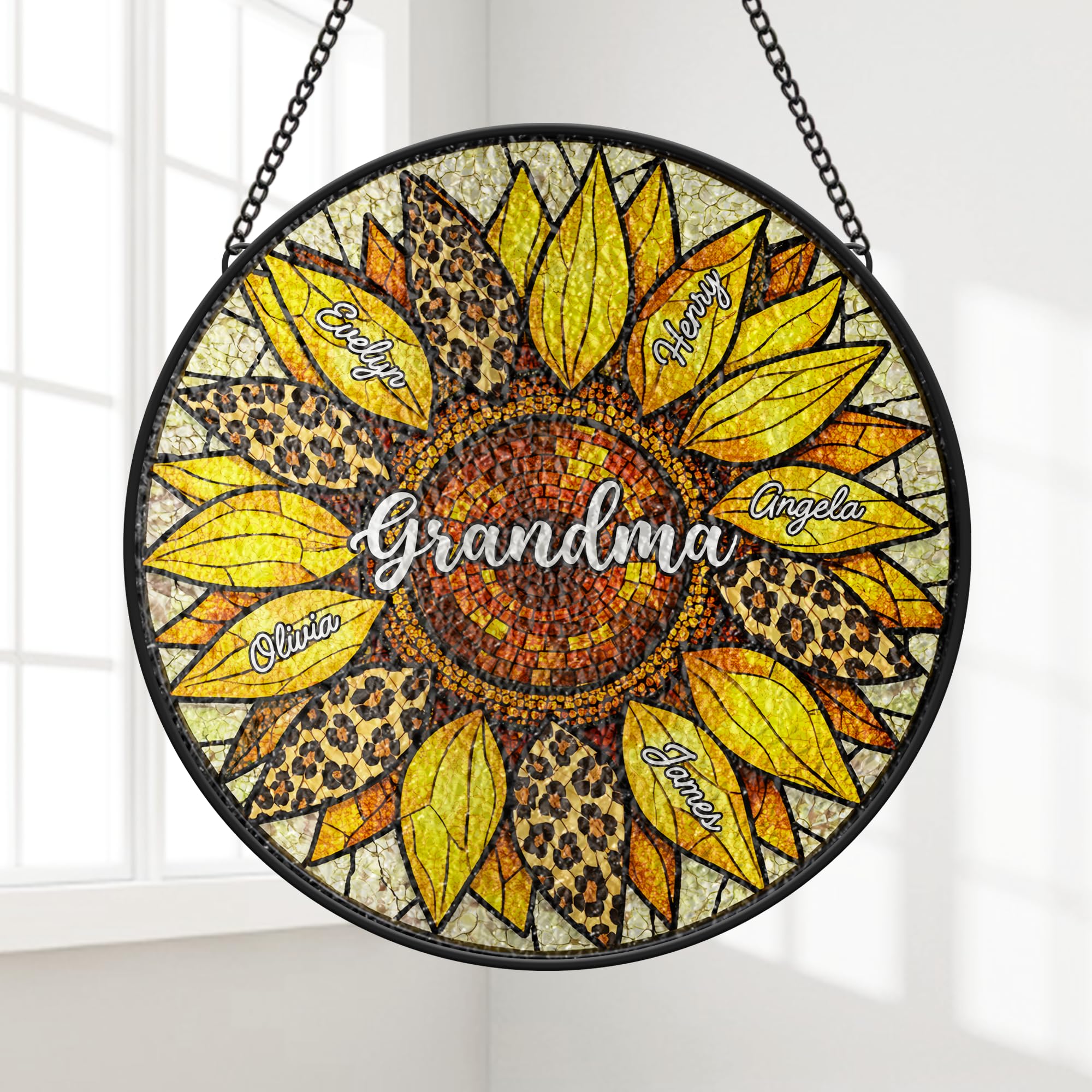 Personal Chic Personalised Stained Glass Suncatcher - Family Tree - Sun Catchers For Windows, Grandma Suncatcher, Crystal Suncatcher, Plant Suncatcher (Model #1)