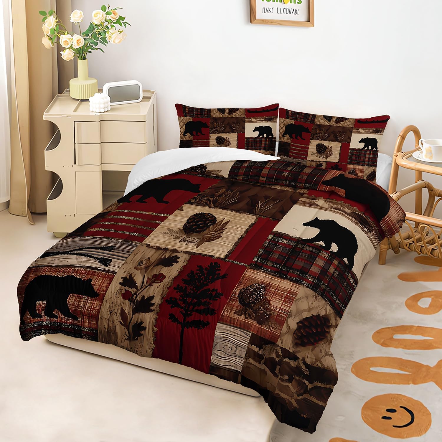 Western Rustic Bears Wild Hunt Animal Comforter 3Pcs Queen Natural Forest Black Bear Nut Bedding Set for Kid Teen Boy Girl Adult Retro Flower Grid Quilt Bed Decor with 1 Comforter+2 Pillowcases