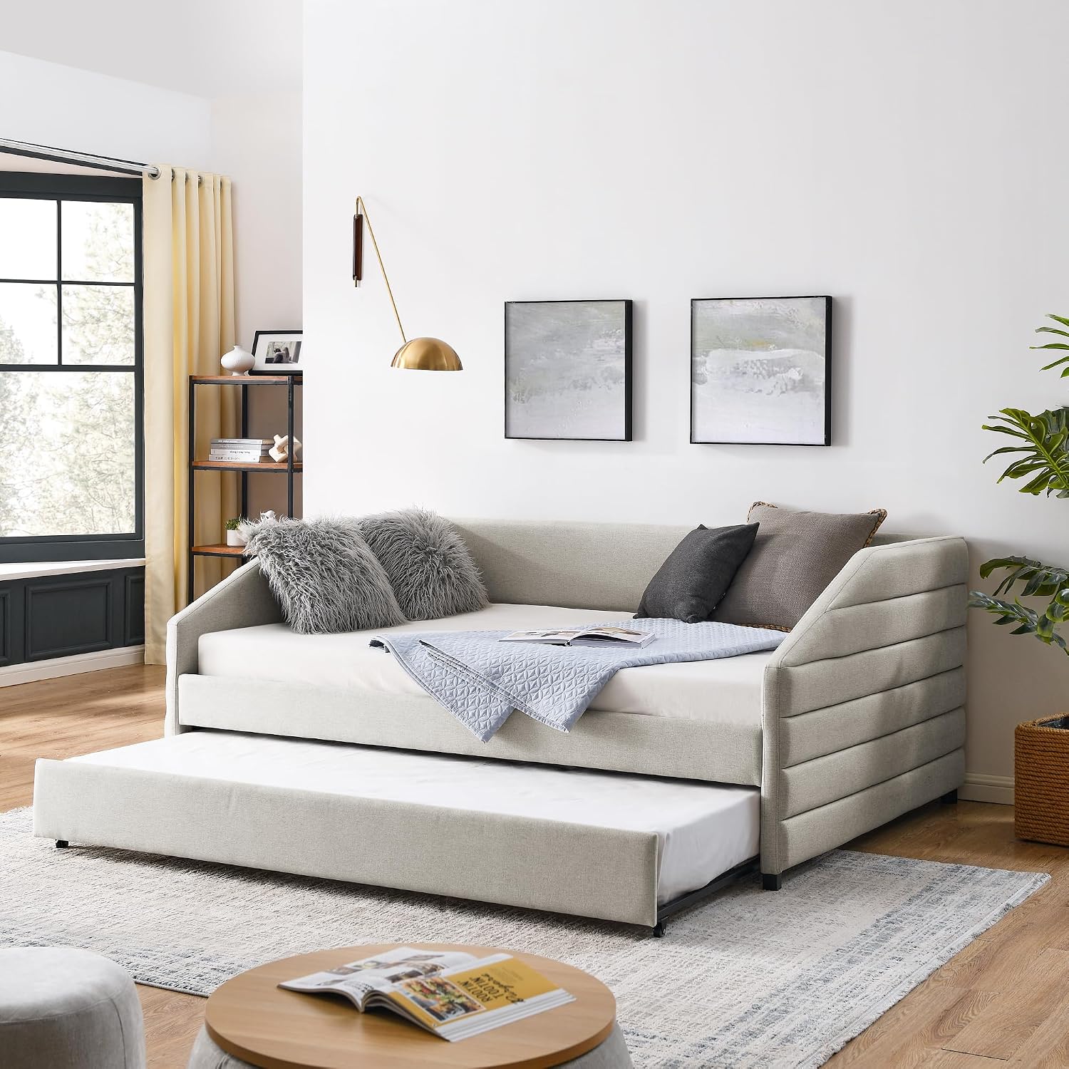 Amazon.com: Bellemave Full Size Daybed with Trundle, Linen Upholstered ...