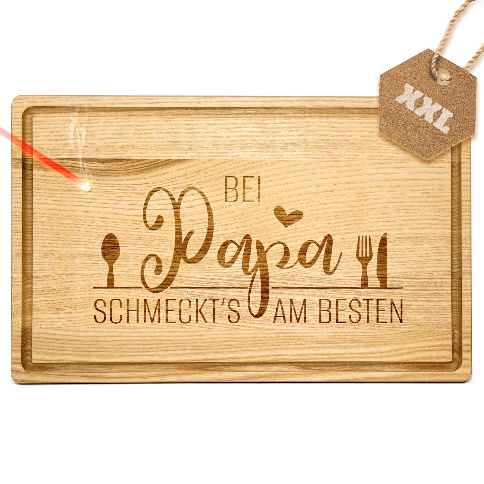 Großes Holzbrett mit Gravur - Bei Papa schmeckt's am besten - Schneidebrett gravieren| Eschenholz, 40 x 25 x 2 cm, Geschenk mit Gravur, Geschenk für Papa
