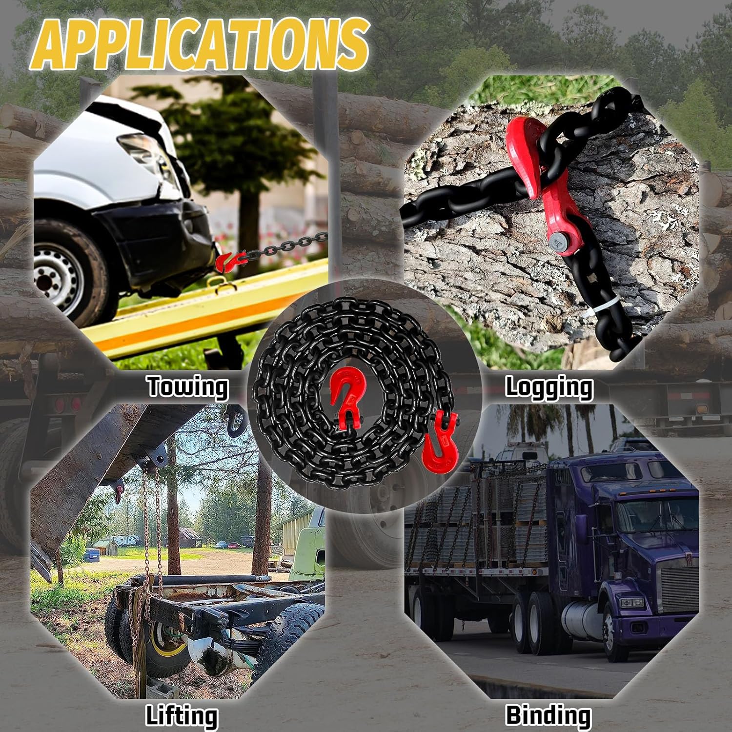 3/8" Transport Binder Chain-G80 Heavy Duty Log Chain with G70 Hooks Wll 7100 lbs|10FT Safety Tow Chains Towing Trailer Extension|Secure Working Load for Tie-Down&Lifting&Flatbed (EP Black) - Image 6