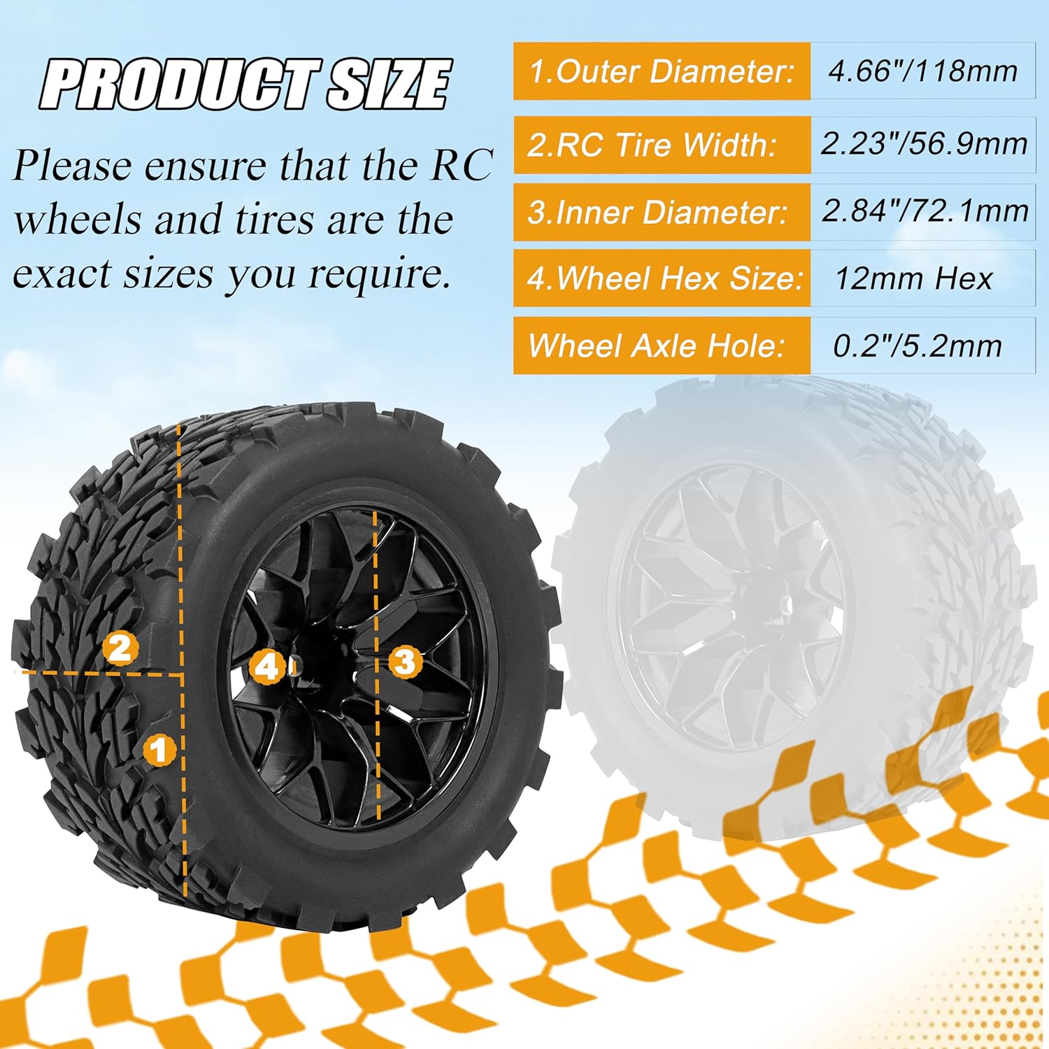 RC Station 12mm Hex RC Wheels and Tires 1/10 Scale RC Truck Tires and Wheels for Traxxas Rustler Stampede 2wd 4x4 vxl Hoss E-Revo Redcat Volcano EPX RIAARIO AMORIL Tires and Wheels Preglued 4PCS