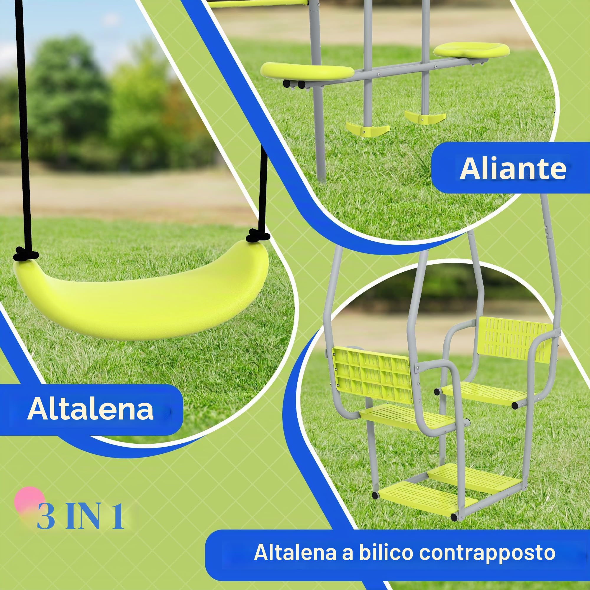 Outsunny Altalena per bambini 3 in 1 con 1 faccia a faccia e 3 set, telaio in metallo, portata massima 225 kg, area giochi all'aperto, verde