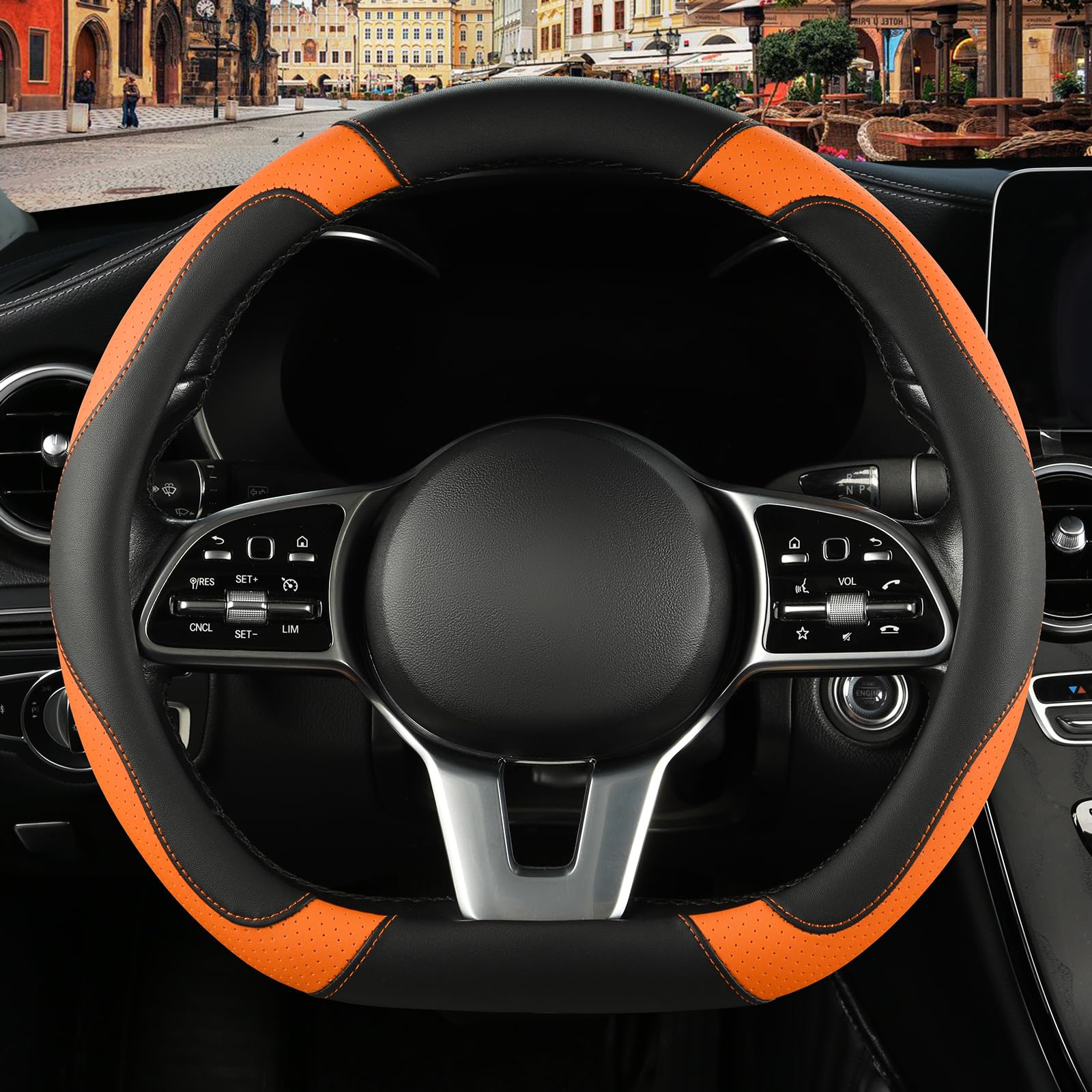 Microfiber Leather D Shaped Steering Wheel Cover, Breathable, Anti Slip, Universal 15 inch, Black with Orange-image-32