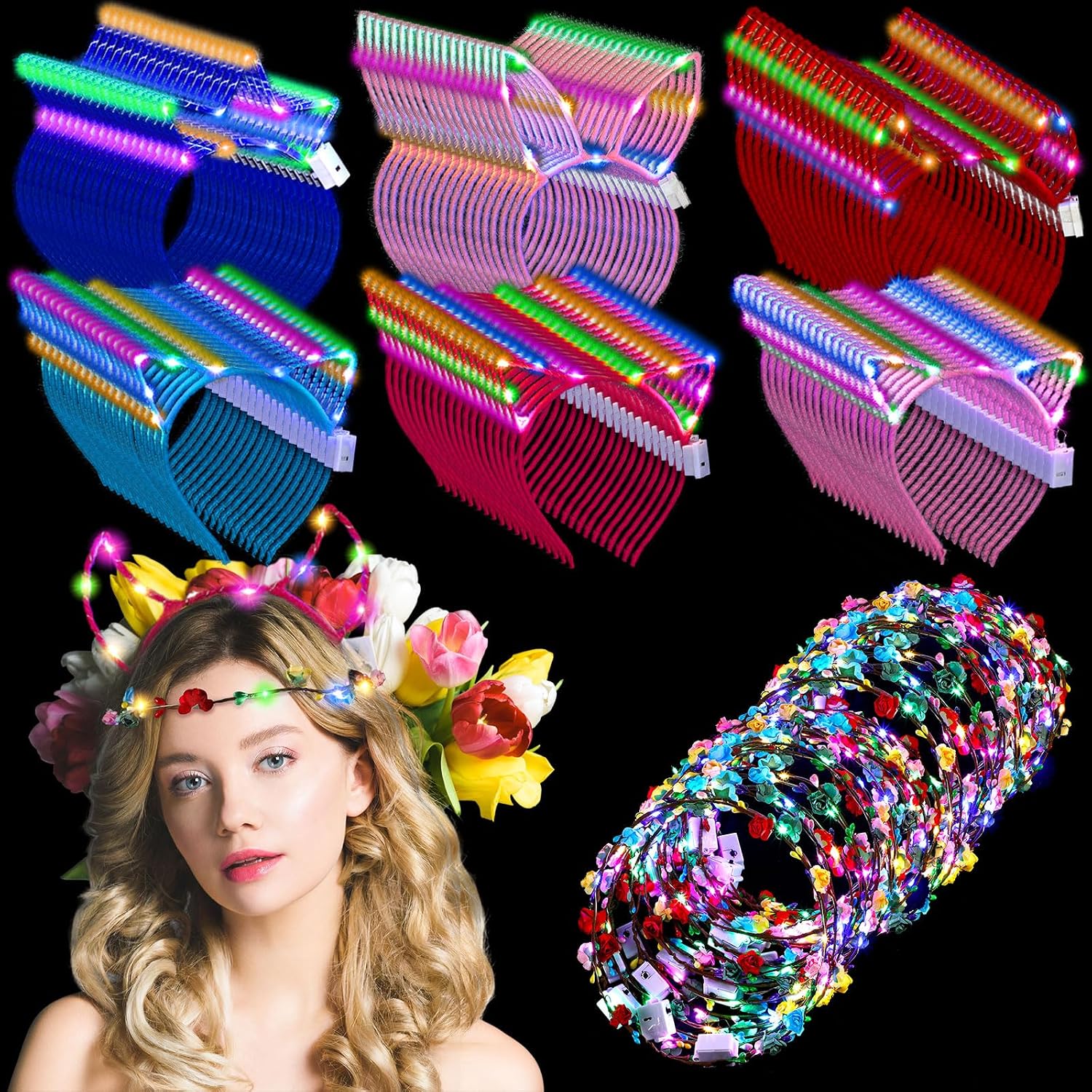 Xinnun LED Light up Ear Headbands Bulk Glow Accessories