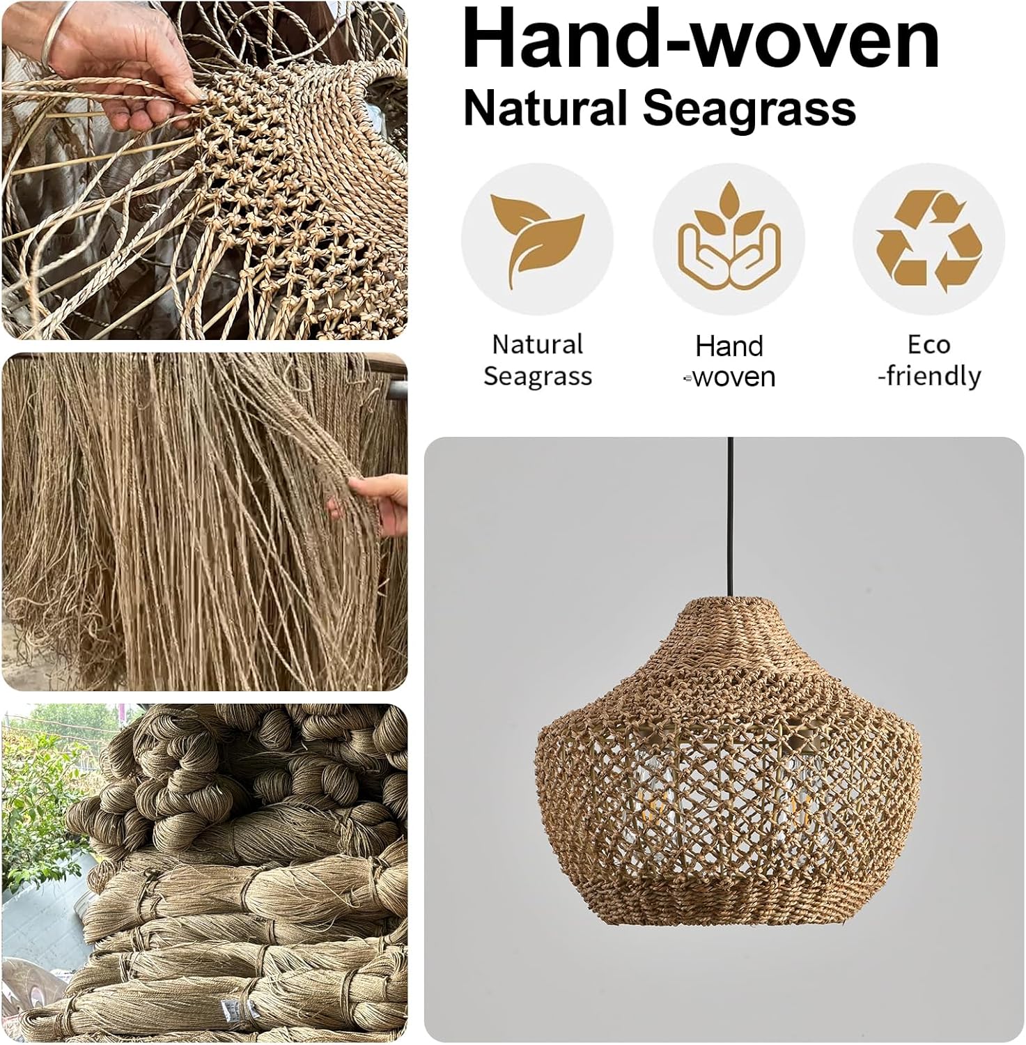 15.4" Rattan Pendant Light Fixtures,Boho Water Plants Pendant Light,2-Light Hand Woven Seagrass Chandelier for Workplace Occasions Restaurants Dining Living Bedroom Kitchen Farmhouse