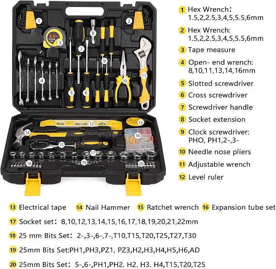 108pcs Tool Set Household Hardware Hand Tools Combination Auto Repairing Kit Toolbox Wide Range Applications Black Yellow Silver