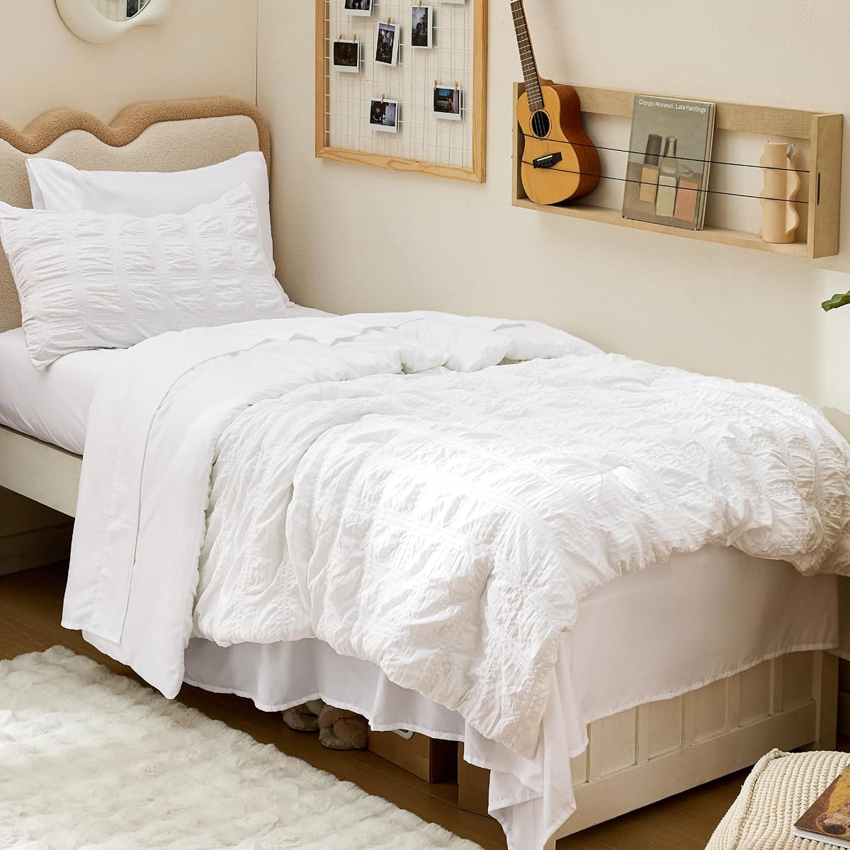 White Twin XL Comforter Sets -5 Piece Seersucker Twin XL Bed in a Bag, Lightweight Soft White Comforter Set for College Dorm (Comforters, Sheets, Pillowcases & Shams)