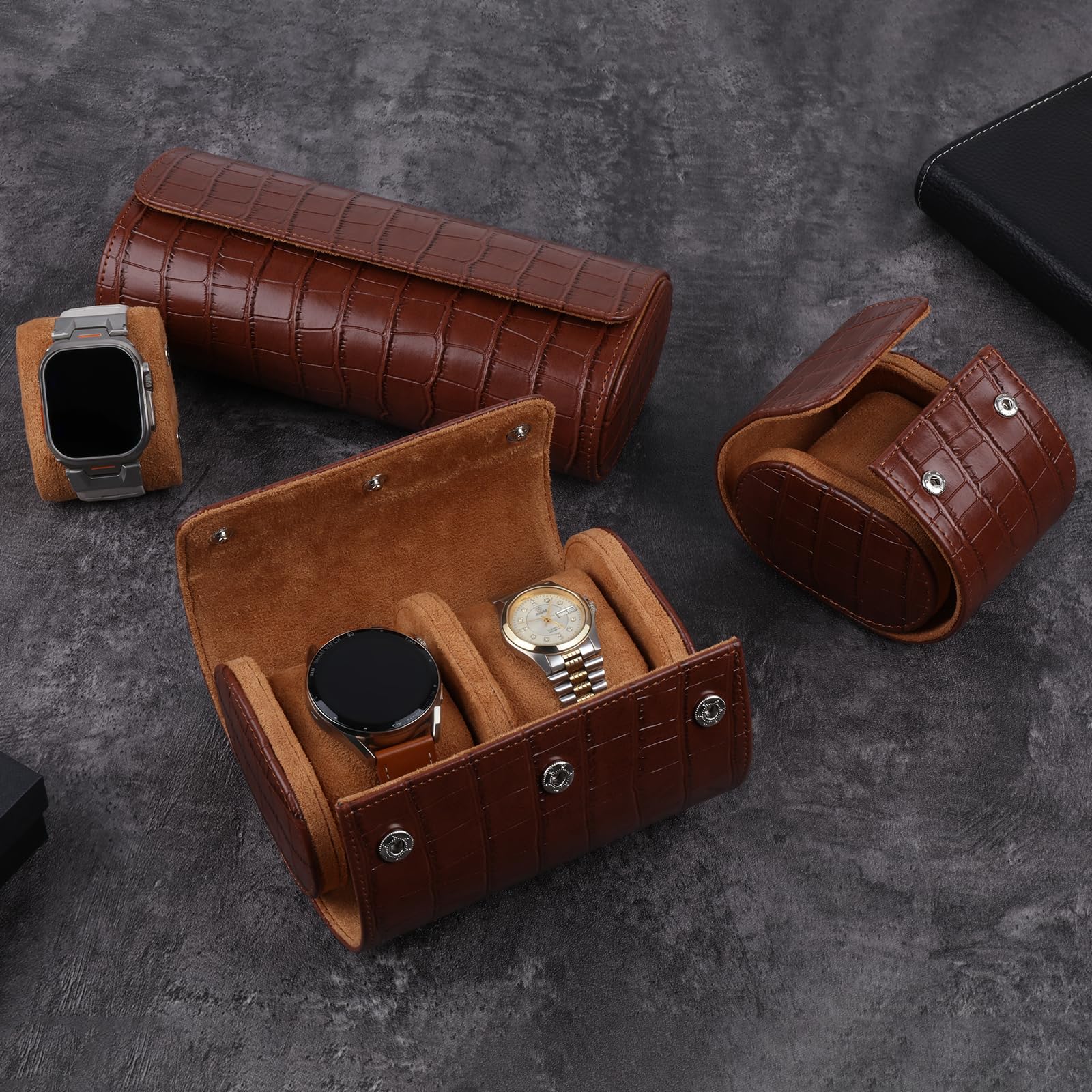 Coffret montres cuir pour 1 montres,Boite a Montre,simili cuir motif crocodile, coffret rangement luxe vintage, idéal pour les anniversaires, Noël, Saint-Valentin - (Brun foncé | 1 Fente)