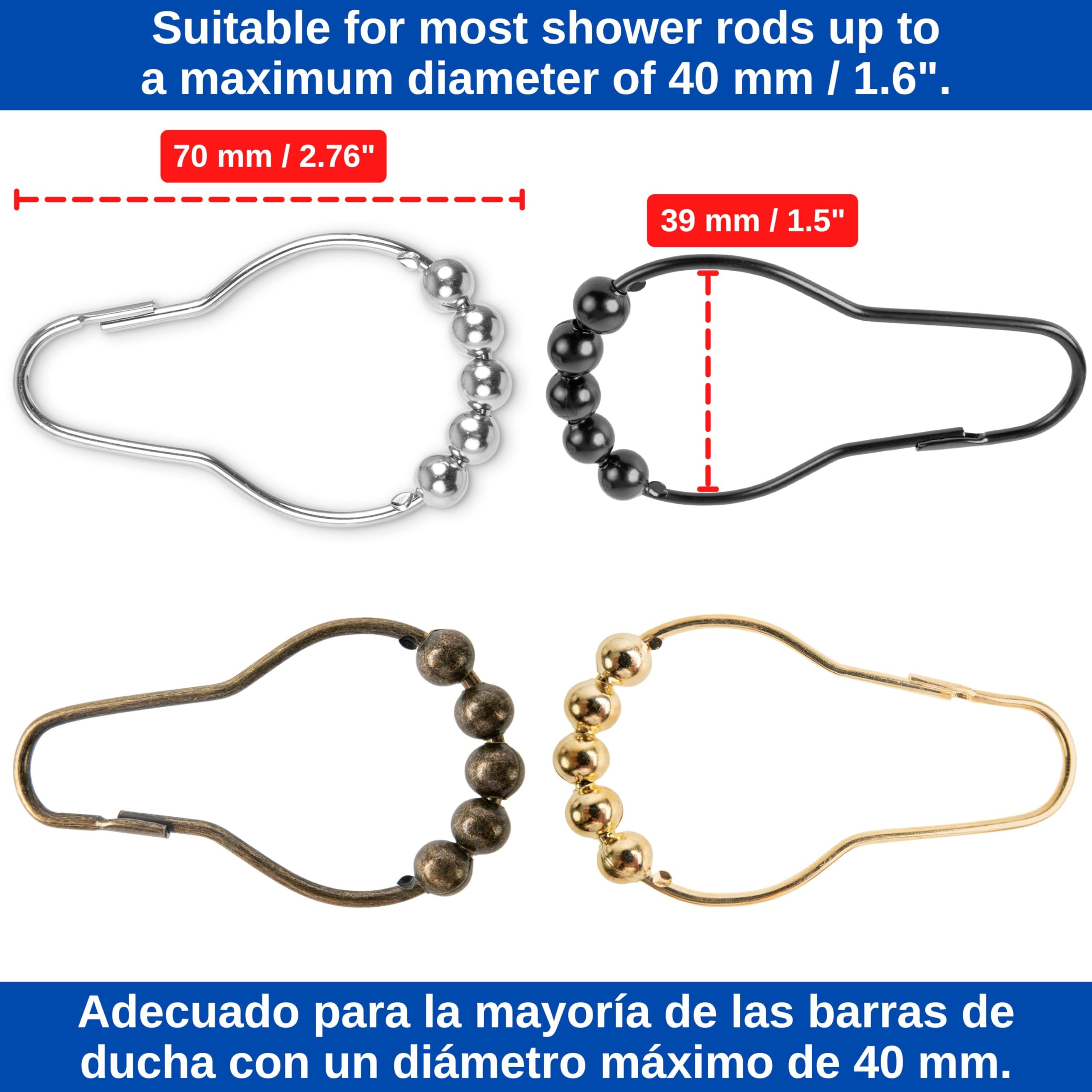 Shower Curtain Rings, 12 Pack, in Black-Colour, Inner Diameter 2.7 x 1.5", for Shower Curtain Rods sturdy metal shower rings - Image 4