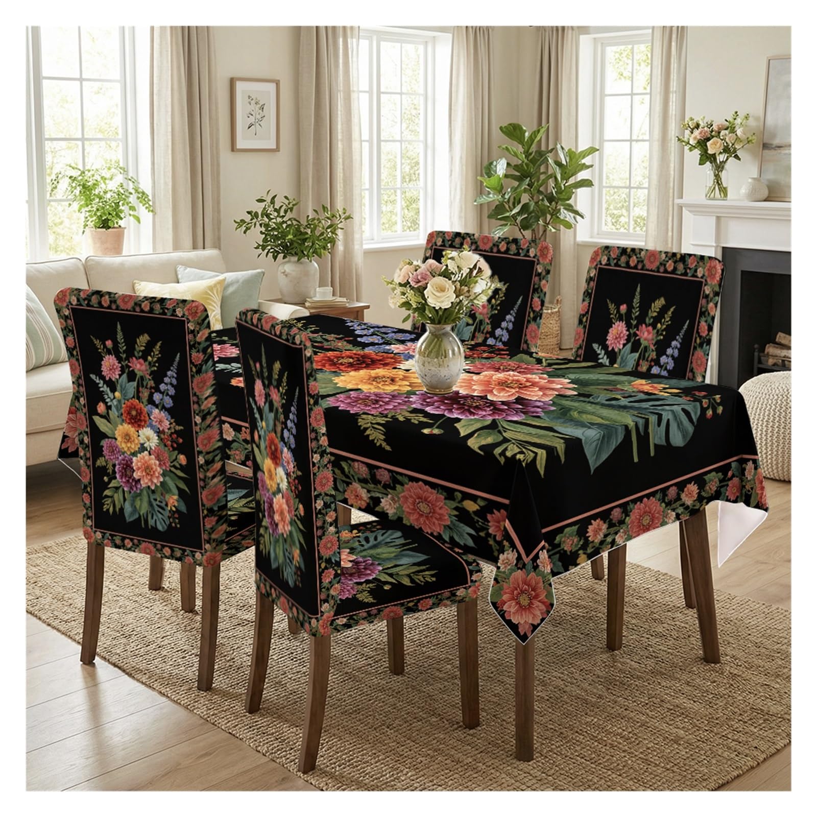 KXUAUV Dark Floral Print Stretch Dining Chair Covers & Tablecloth Set, 5/7 Pack Party Decor(5pcs Set: Tablecloth+Chair Covers)