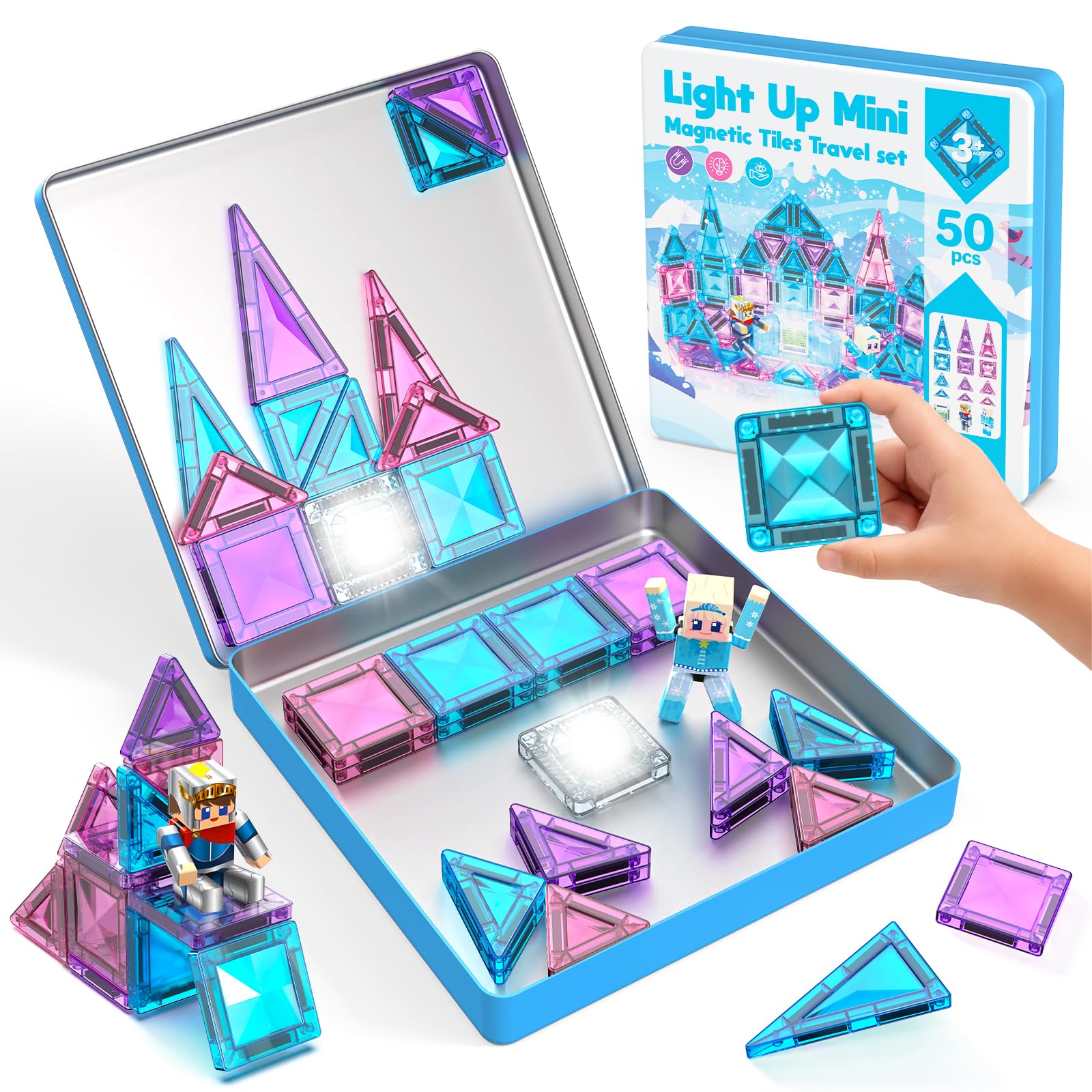 Mini Magnetic Tiles 50Pcs, Glow-in-the-Dark Micro Magnet Travel Toy with 2 Figures, STEM Educational Construction Building Set, Portable Princess Castle Playset for Toddlers Boys Girls Ages 3+