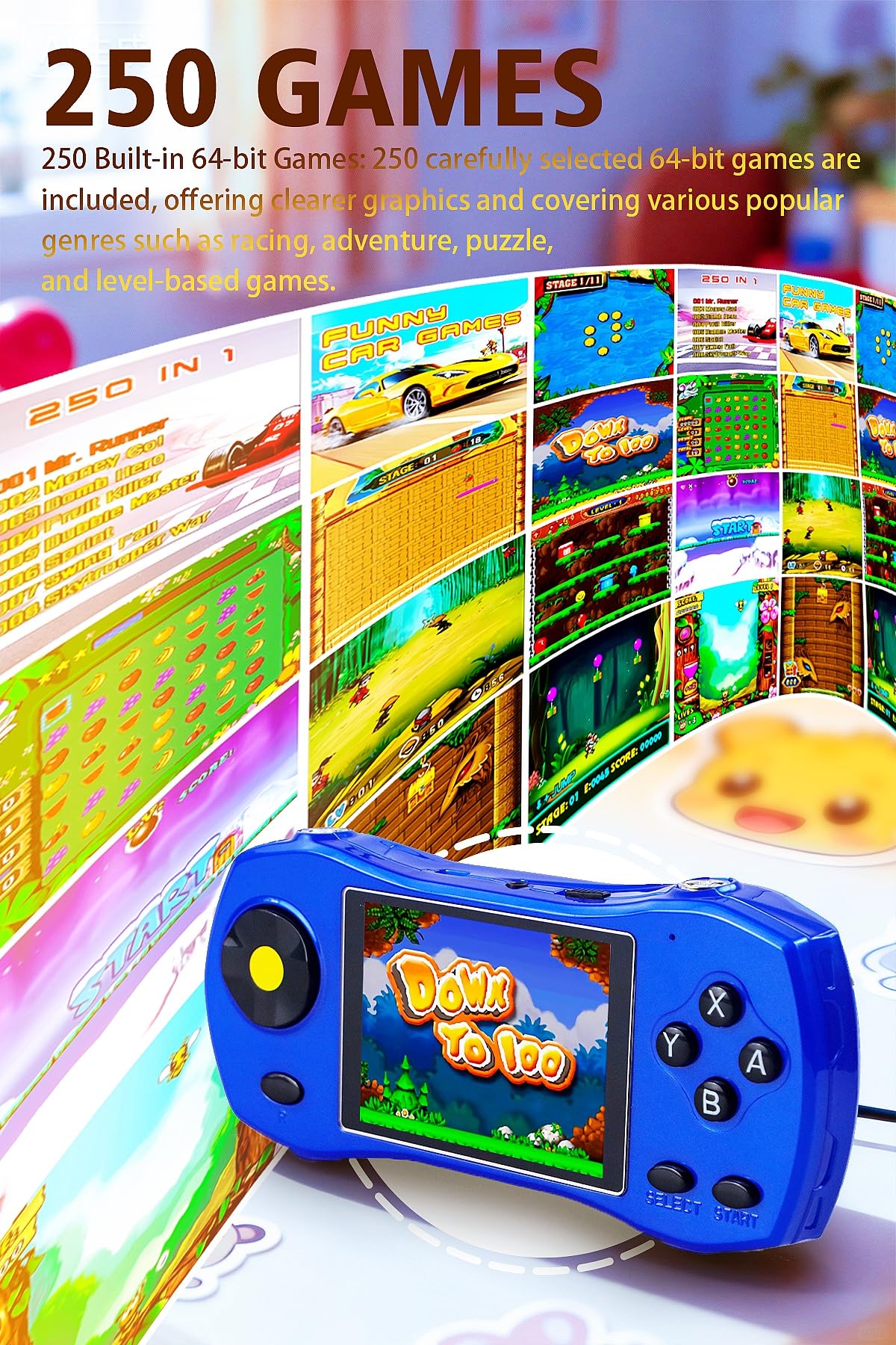 HLF Console de Jeux pour Enfants 3.0 Pouces Design Inspiré des Voitures de Sport 250 Jeux 64bit Connexion TV Jeux Portables pour la Maison et Les Voyages Cadeau d'anniversaire/de Noël