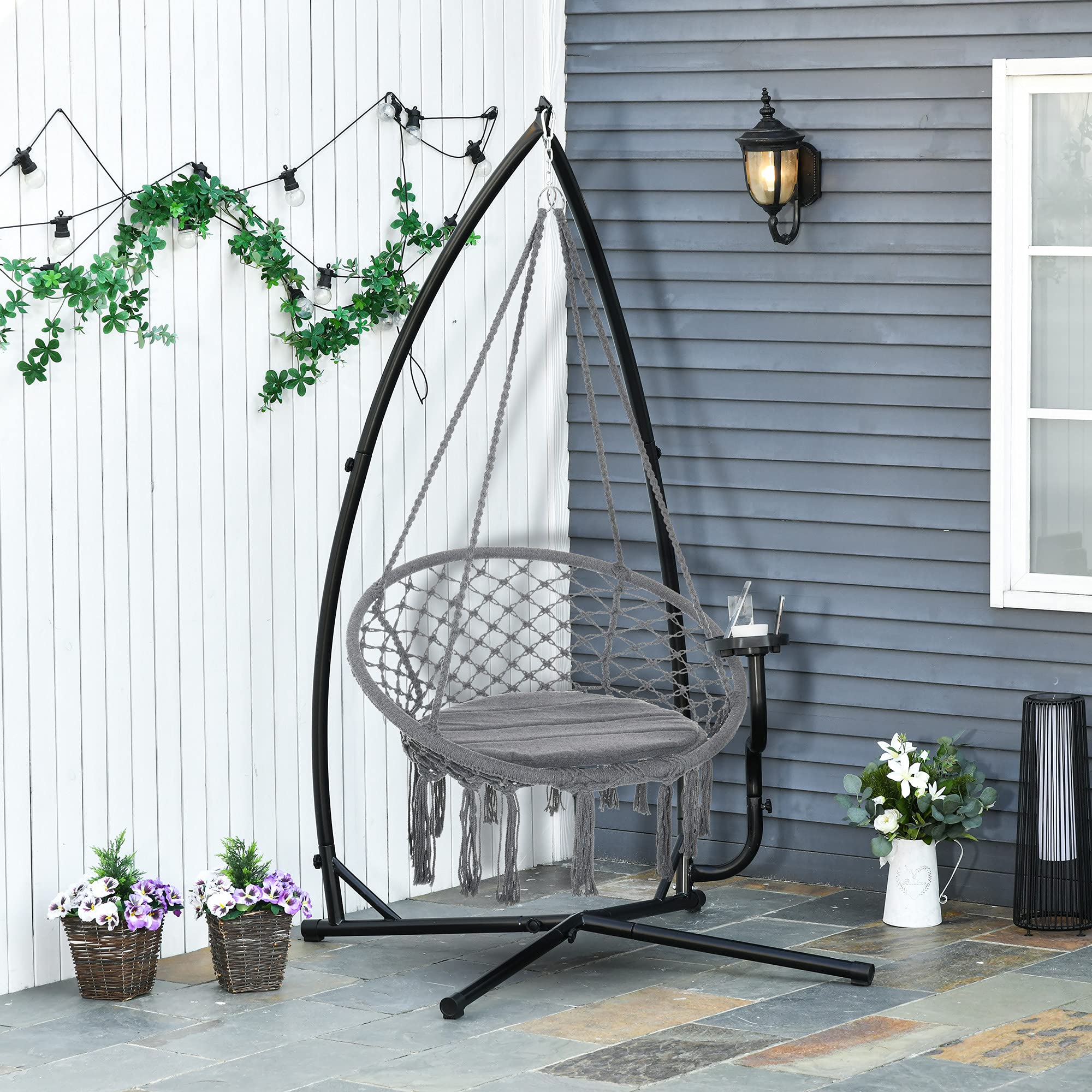 Outsunny Soporte para Silla Colgante 190 cm Sostén para Columpio con Mesita Lateral Carga Máx. 120 kg Estructura de Metal para Patio Jardín Negro