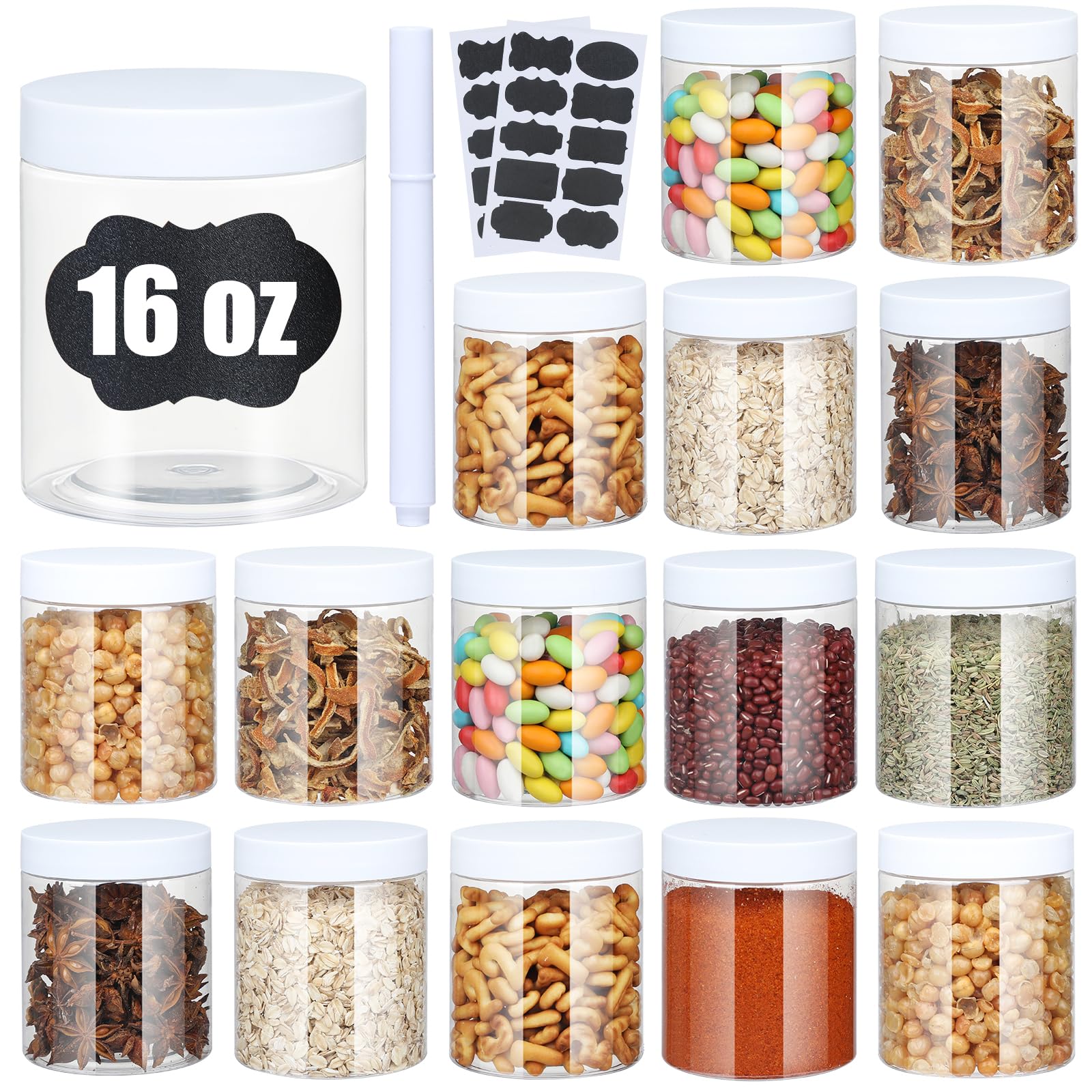 Tarros de plástico con tapas, recipiente hermético ideal para alimentos secos, mermelada de miel, mantequilla de maní, cosméticos, crema, baño y almacenamiento, incluye etiqueta adicional y un