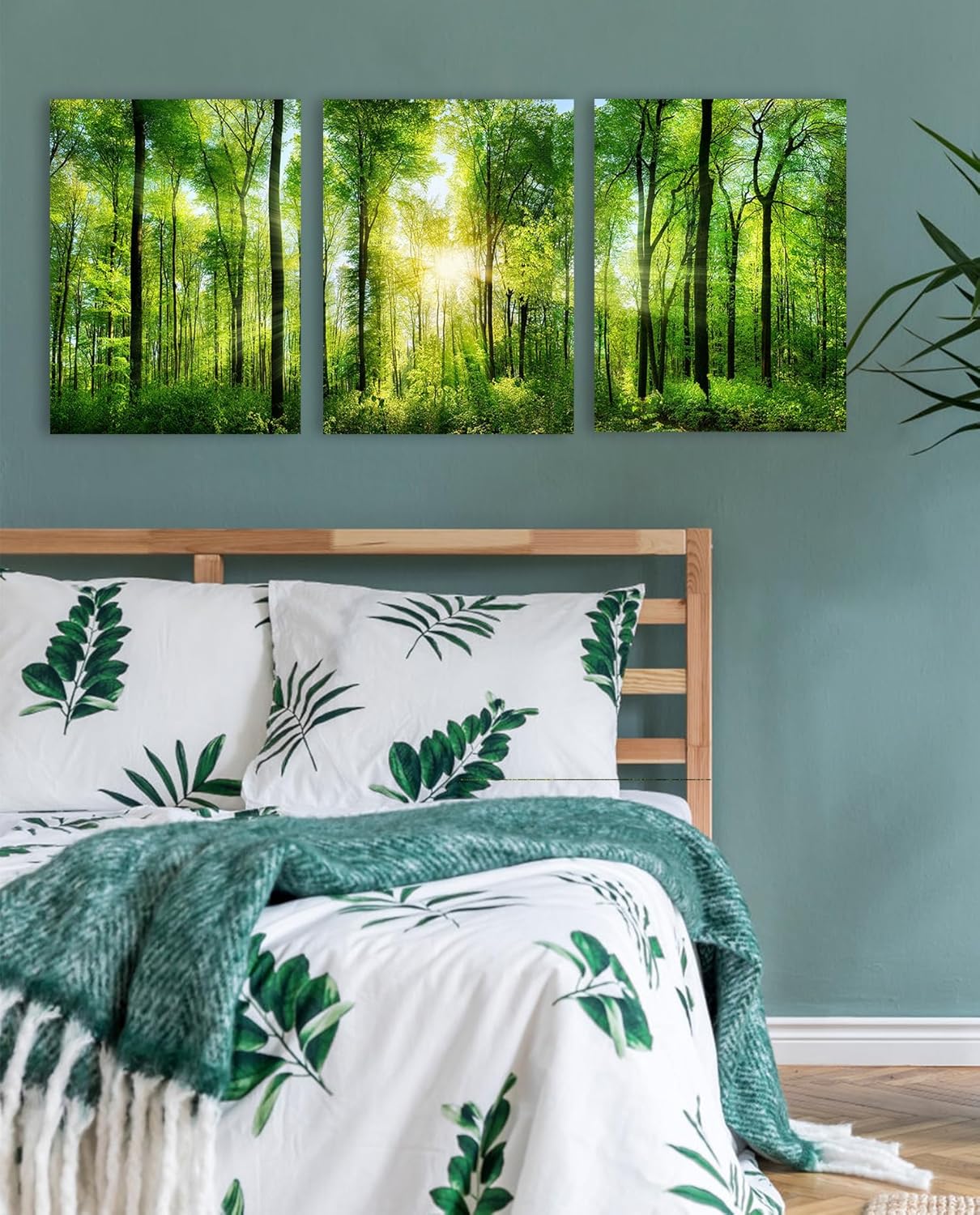 Forest Art Canvas Wall Decor: 3 Panel Nature Wall Art Landscape Paintings Framed Trees Green Pictures Sunrise Scenery Wall Decor for Living Room Bedroom Office Bathroom 12 x 16 Inch