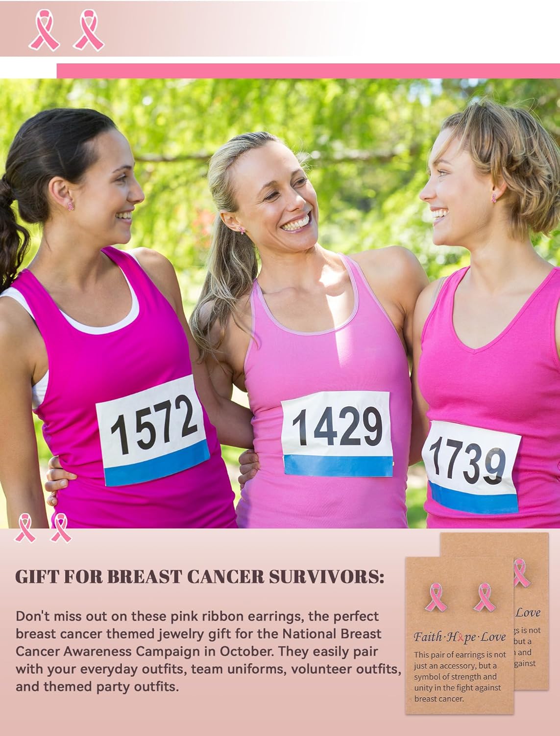 24 Pairs Breast Cancer Awareness Earrings for Women Pink Ribbon Stud Earrings with Motivational Card for Breast Cancer Survivor Jewelry Gifts - Image 5