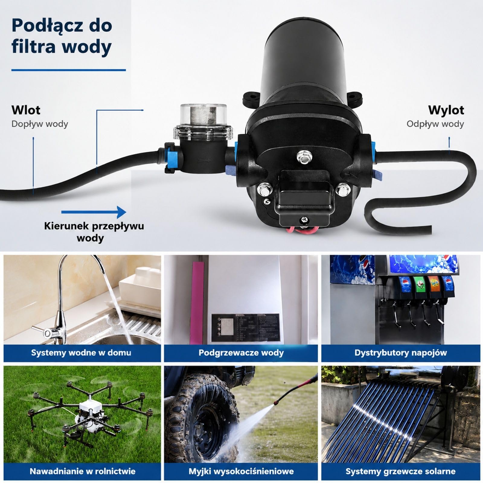Membranowa pompa wodna, 17 l/min samozasysająca, 3-komorowa żeliwna z metalowym filtrem do auta, łodzi, kampera
