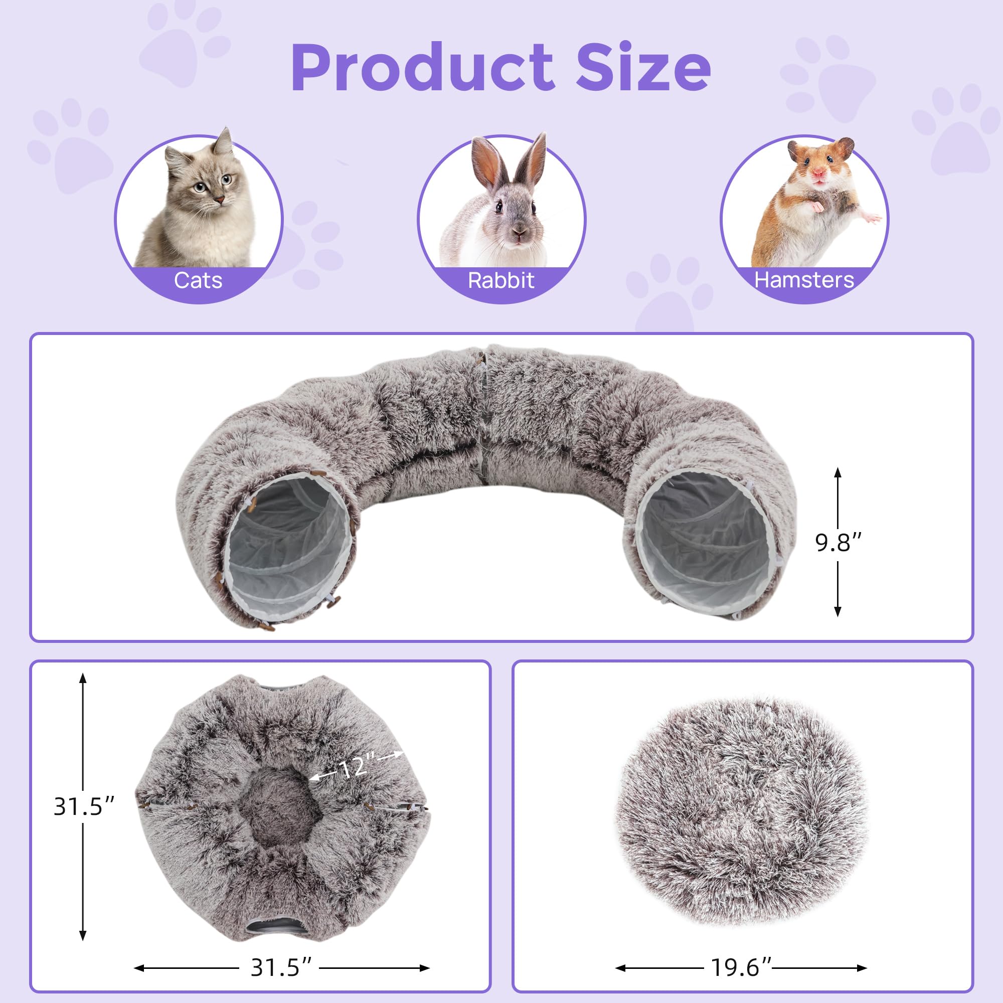 Cama Tipo túnel de Felpa para Gatos de Interior con cojín Suave, Cueva de Juego multiforma con Bolas Colgantes, túnel Grande y Plegable para Mascotas pequeñas y Grandes (marrón)