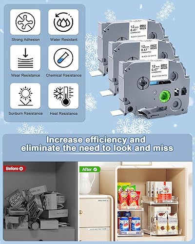 Miniatura 4 de TITBIT Paquete de 6 cintas para etiquetadoras Brother P Touch, 0.472 in, 0.47 pulgadas, laminadas blancas, TZe-231,12 pulgadas, negro sobre blanco