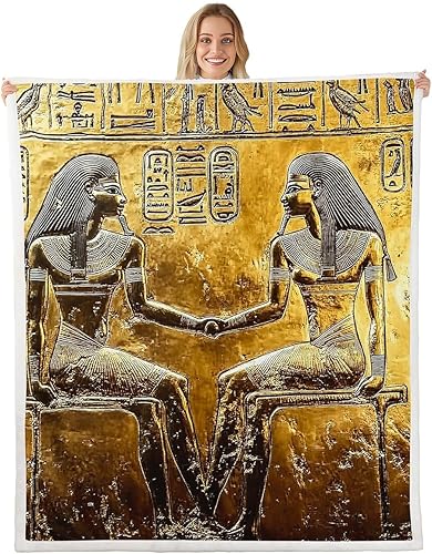 Manta con estampado egipcio dorado, manta de sherpa estilo antiguo egipcio, manta de forro polar con patrón de jeroglíficos del viejo Egipto, para