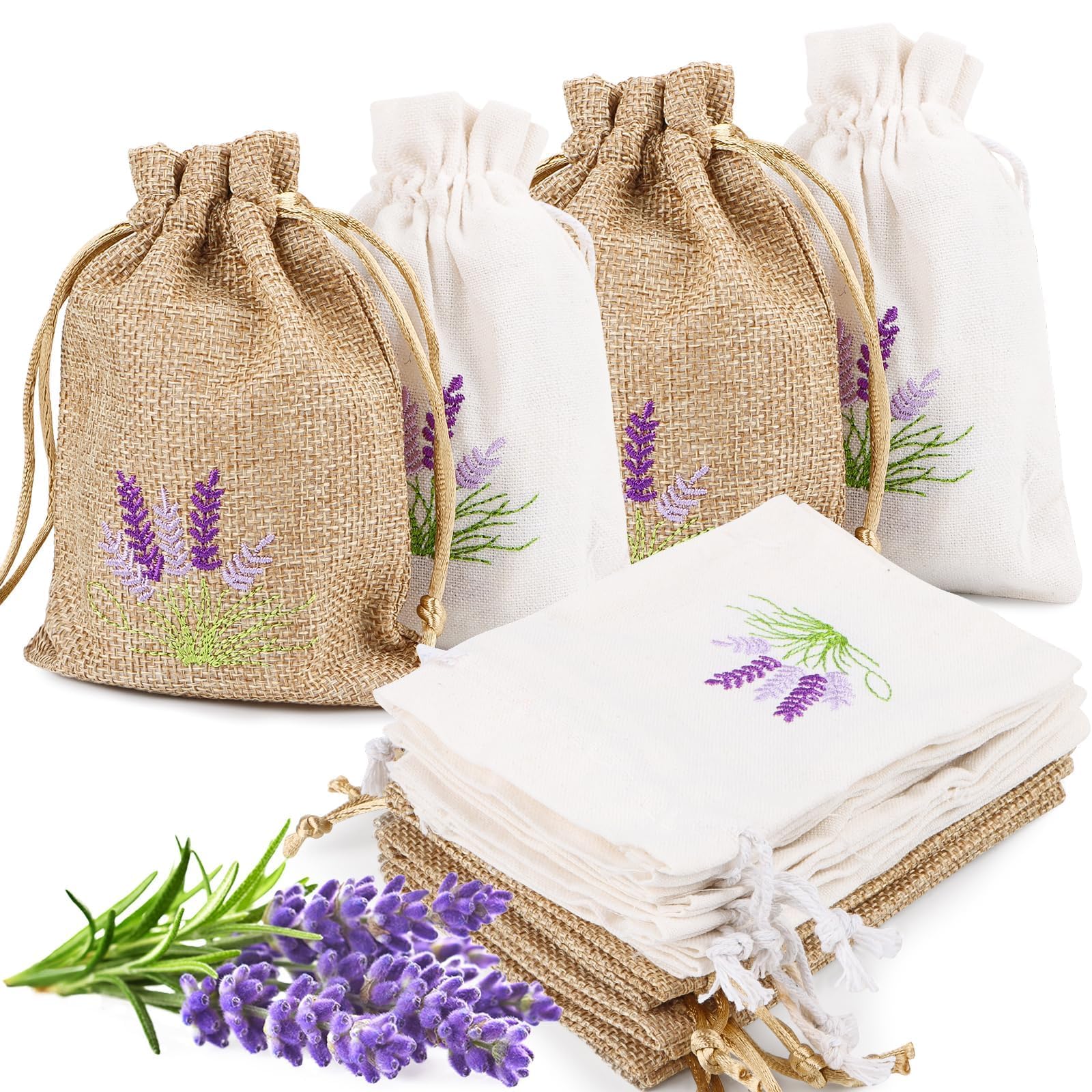 Lot de 12 sachets de lavande vides à remplir avec cordon de serrage - Petits sachets en coton et lin pour lavande, épices, herbes, bijoux, bonbons