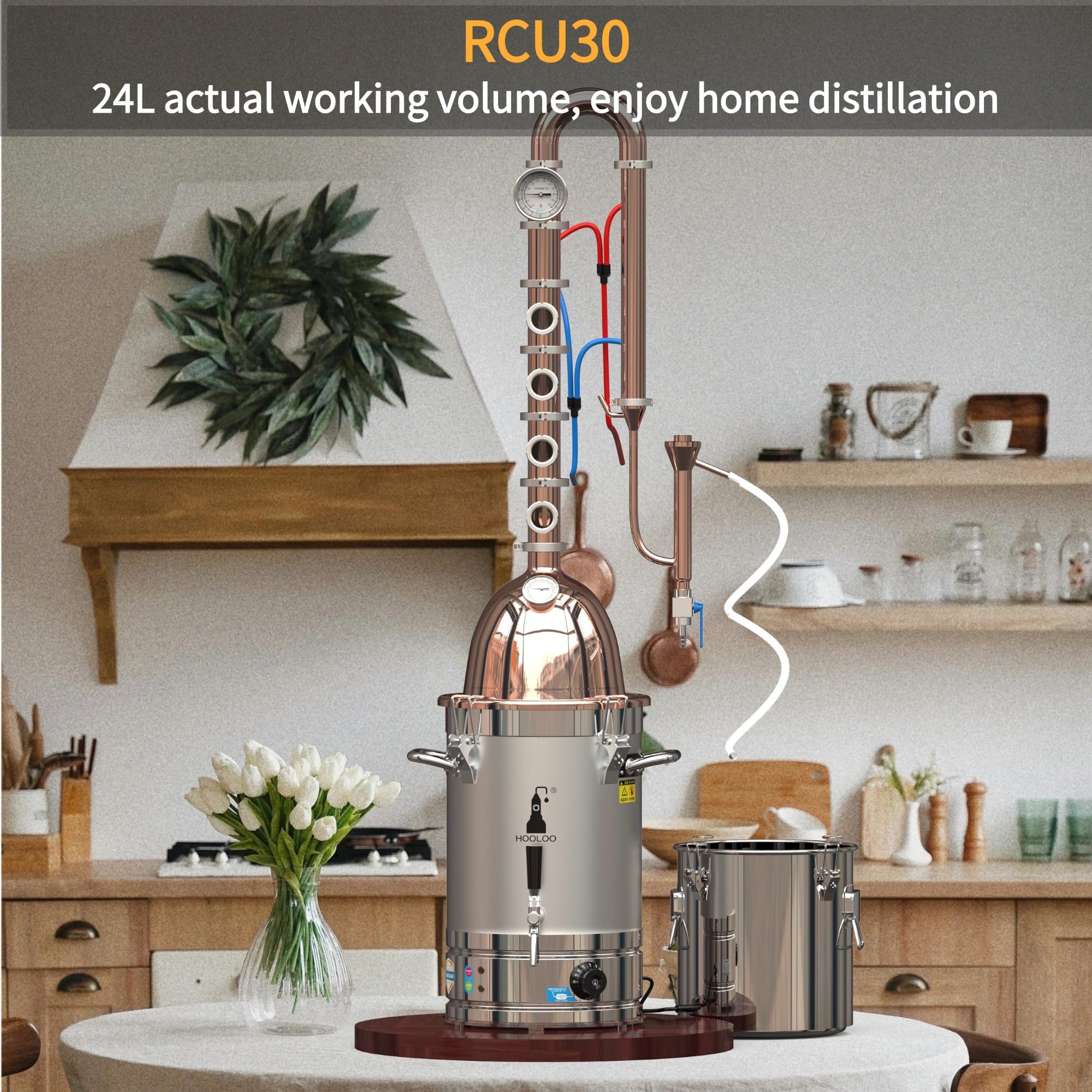 HOOLOO Alcohol Distiller 6.3Gal/24L Alembic Pot Still All Copper Distillation Accessories Home Brewing Distillery Kit for DIY Whisky Wine Brandy Alcohol Making(RCU30)